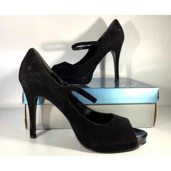 Vintage Nine West Luminous Black Platform Heels, Peep Toe, Y2K 90s Style Size 10 - Picture 1 of 10